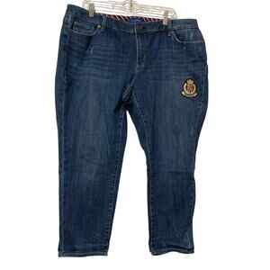 Talbots Womens Plus 16WP Girlfriend Jeans Blue Denim Crest Patch Embellished